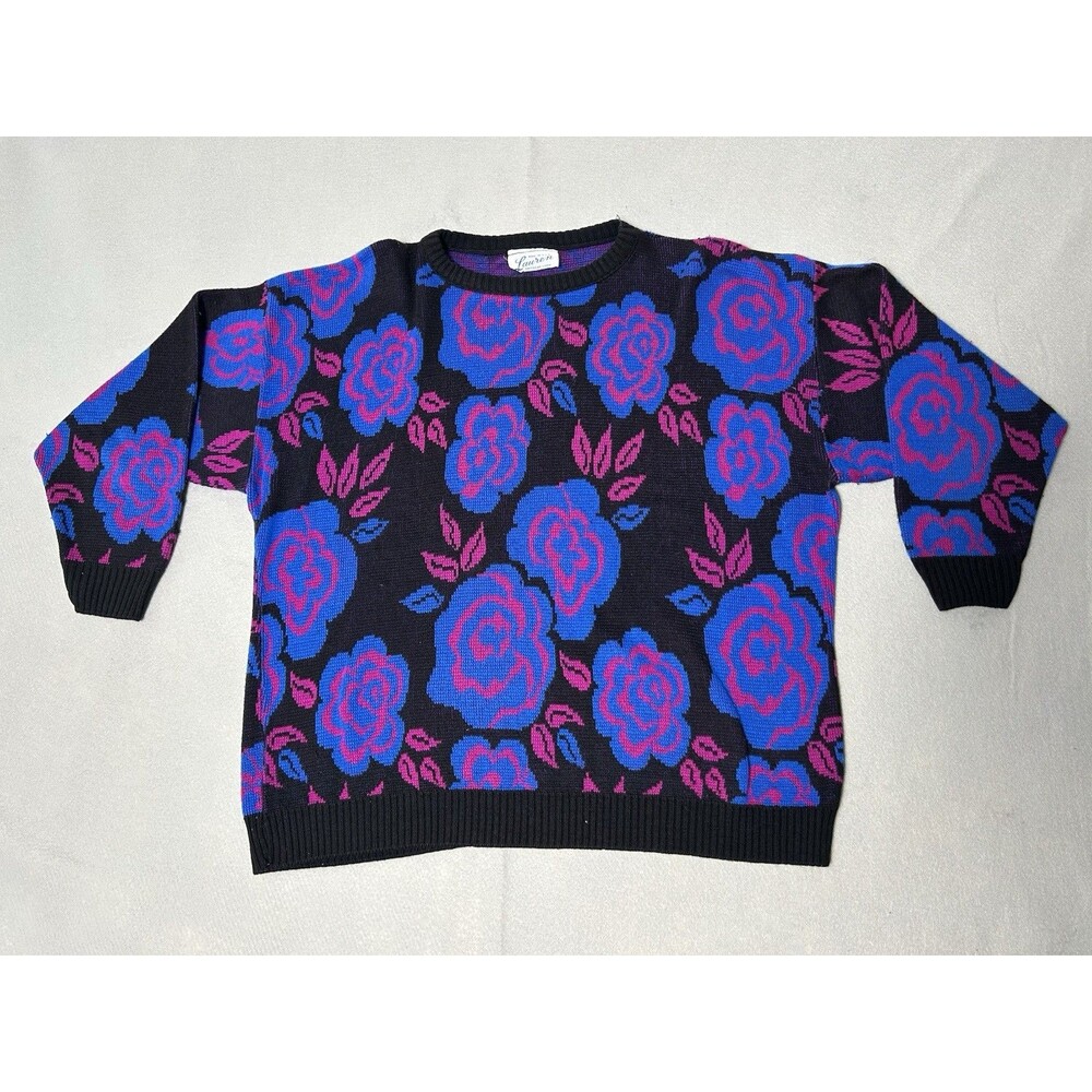 Vintage Lauren Knitwear Corp Rose Print Sweater Neon Pink And Blue Made In USA